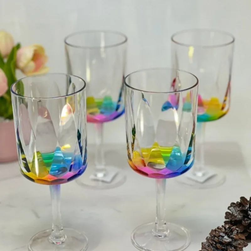 

16oz 4Pcs Rainbow Diamond Unbreakable Plastic Acrylic Wine Glasses Red White Wine Cups Drinkware Party Home Kitchen