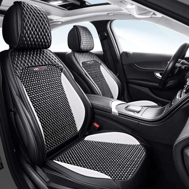 

5 Seat Luxury Car Seat Covers Summer Cool Breathable Non Stuffy Nappa Leather Ice Silk Fabric High Elastic Foam All Season