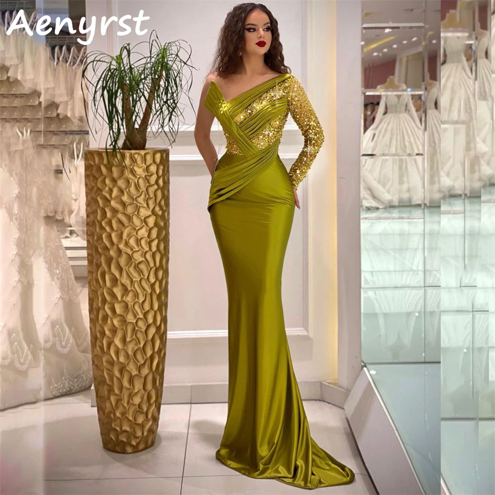 Aenyrst-Vestidos de Noche de Arabia Saudita con lentejuelas y un hombro, vestido plisado de sirena, Bodycon, largo hasta el suelo, vestidos de fiesta formales