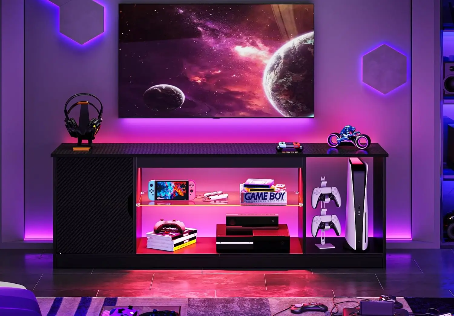 

LED Entertainment Center for PS5, Gaming TV Stand with Cabinet 55/65 Inch TV, Modern TV Console with Adjustable Glass Shelf Liv