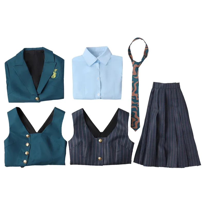 Lili 123Glynda Elphaba школьная форма косплей костюм для женщин и девочек синяя рубашка зеленое пальто с платьем наряд Хэллоуин Рождество