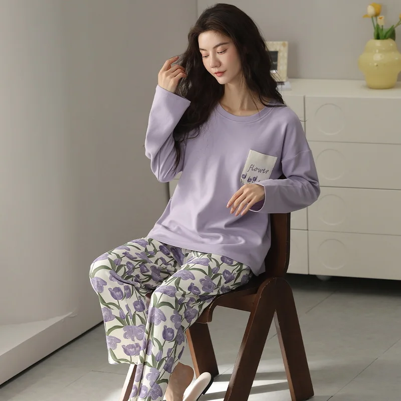 Flower Women Pajamas Long Sleeves Long Pants Autumn Winter Cute Sleepwear Sweet Pyjamas Casual Pijamas Girls Pajama Set Soft Pjs