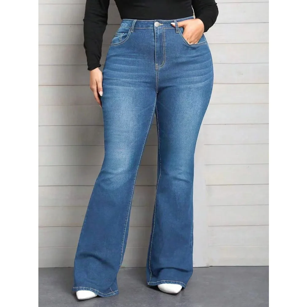 

European and American Blue Denim Mid-waist Bell-bottom Pants Fashionable Tight Jeans
