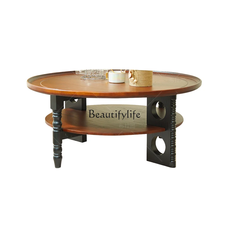 

French retro solid wood round coffee table antique living room home American tea table