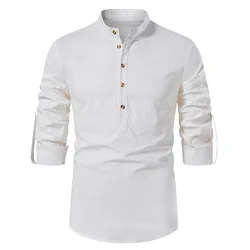 Camisa blanca de algodón y lino para hombre, camisa de vestir con cuello mandarín enrollado, Henley, informal de negocios, 2024