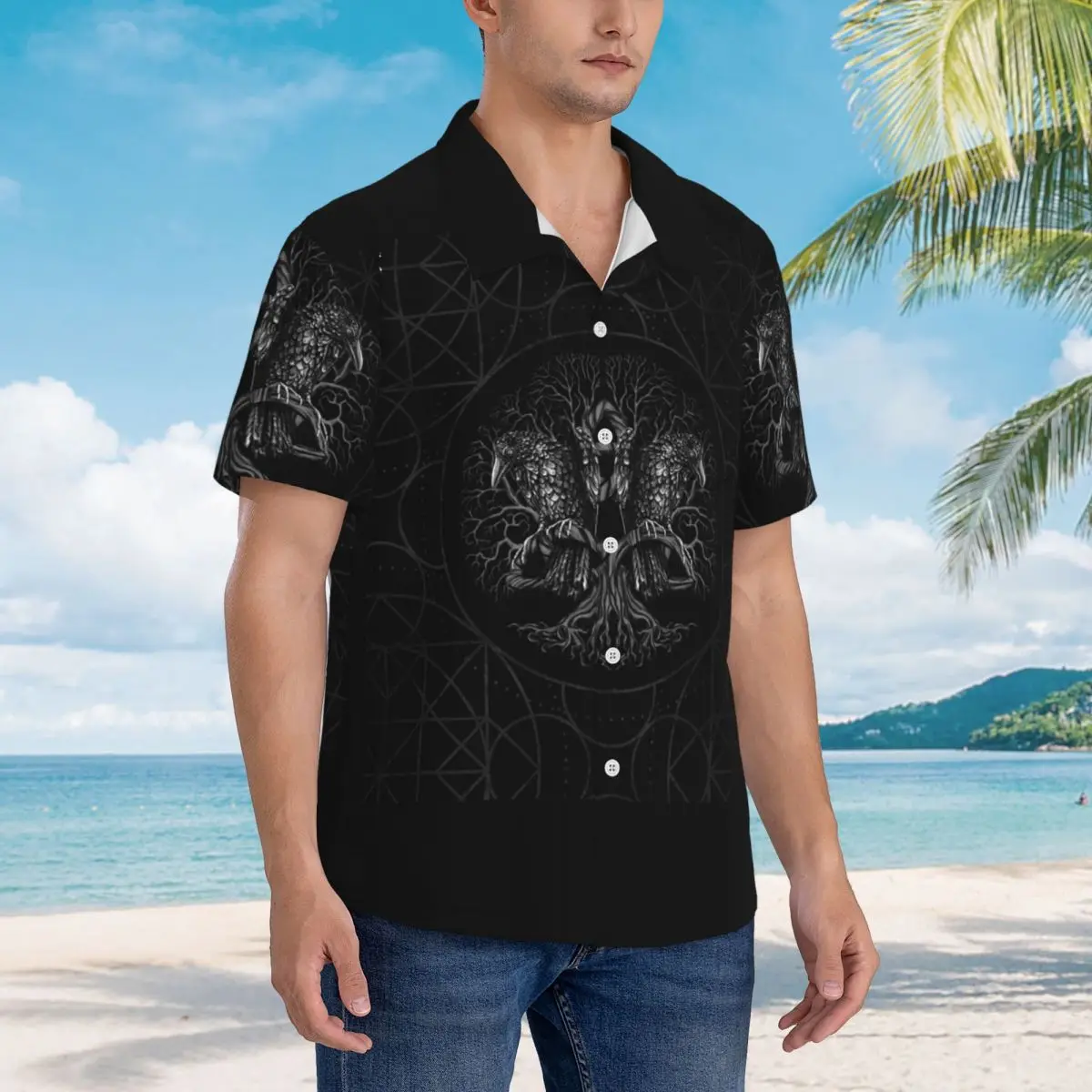 

Гавайские рубашки «Древо жизни» Yggdrasil с вороном, забавная мужская рубашка с коротким рукавом для лета, пляжа, мужские топы на пуговицах