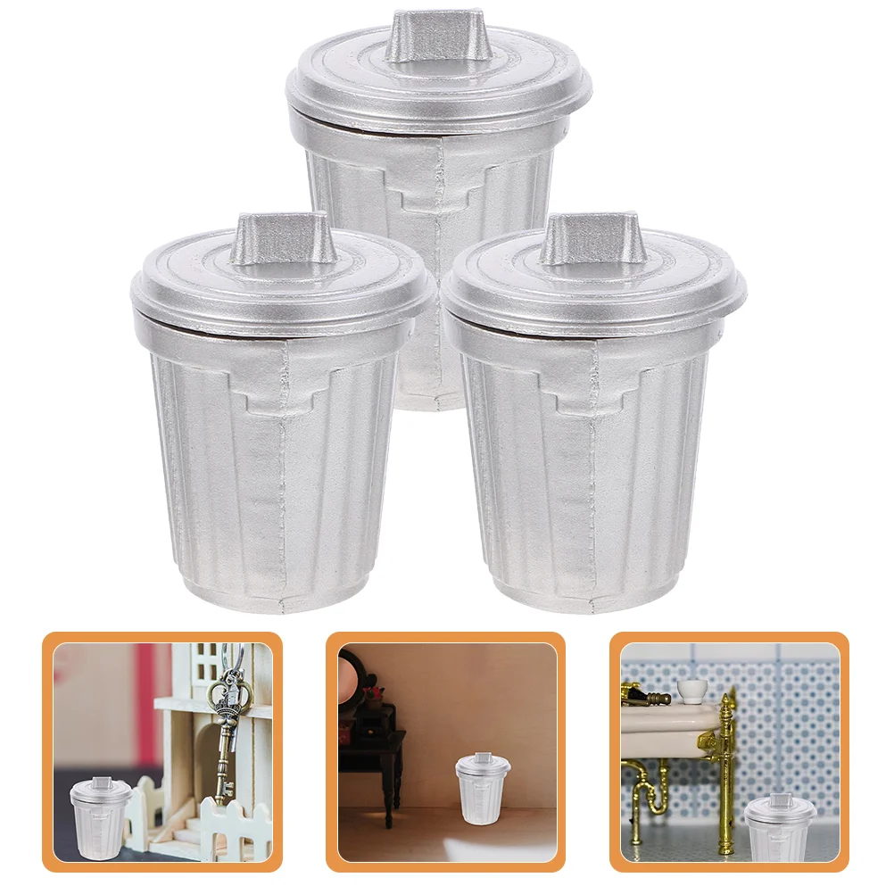 

3 Pcs Miniature Dustbin Trash Can Decoration House Garbage Galvanized Dollhouse Accessories Miniatures