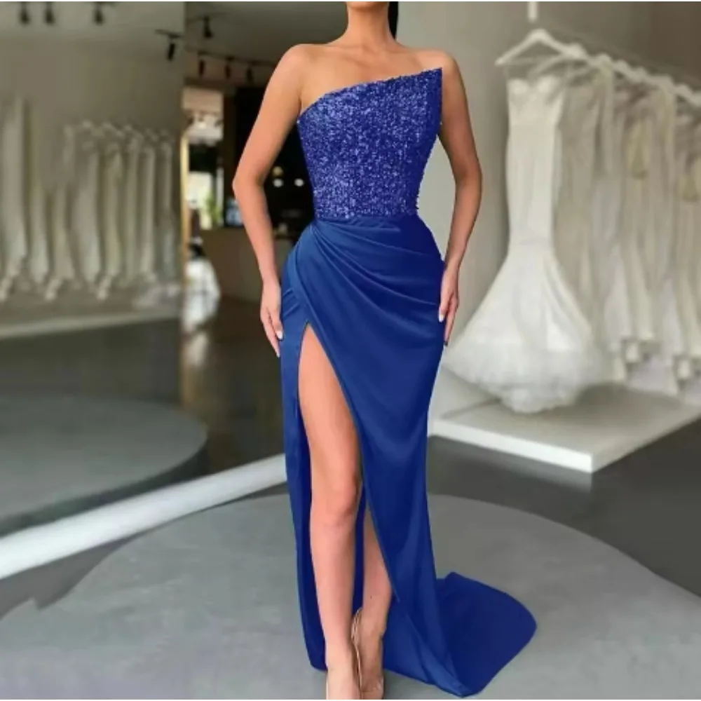 Mermaid Chiffon Floor-Length Sequined Classic Prom Dress Women Luxurious Medium Long Evening Party Dresses Strapless Sleeveless