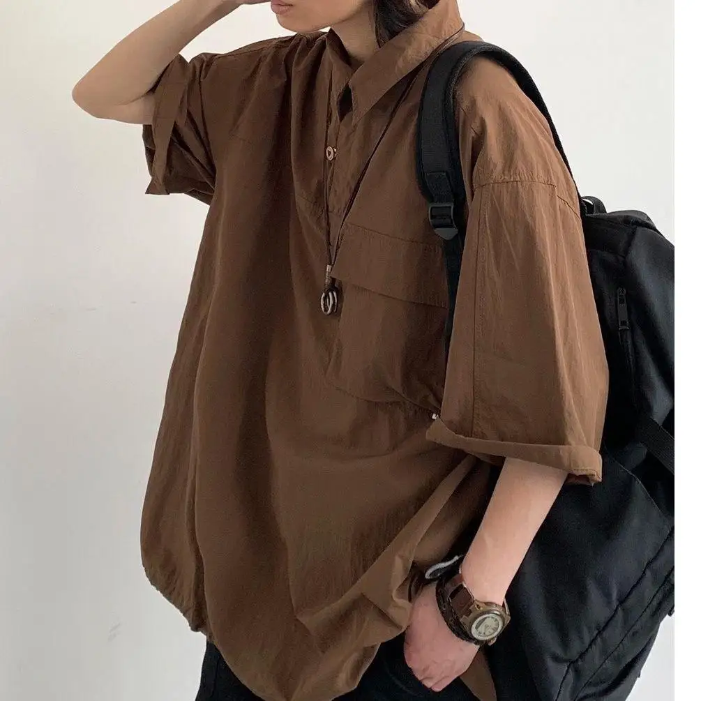 2026 New Summer Men's Japanese Harajuku Style Cargo Polo Shirt Loose Short Sleeve Casual Shirt Lightweight Fashion Outerwear Top