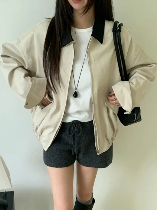루즈핏 한국 스타일 여성 자켓 아우터웨어 가을 패션 브리티 레트로 롱 슬리브 가죽 패치워크 탑 고퀄리티