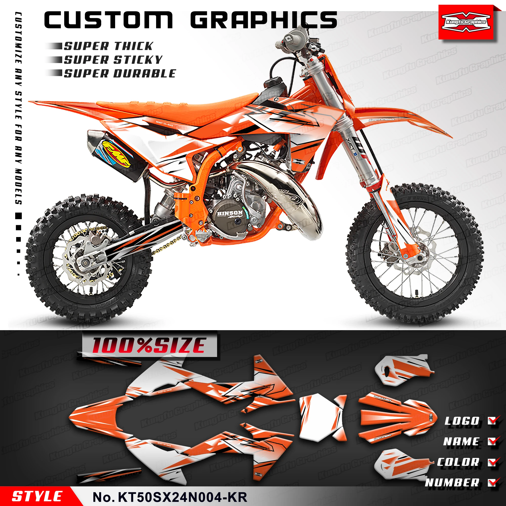 KUNGFU GRAPHICS Dirtbike Graphics Sticker Sheet for KTM SX50 SX 50 SX 2024 2025 Pit Bike, Rebuild Kit KT50SX24N004-KR