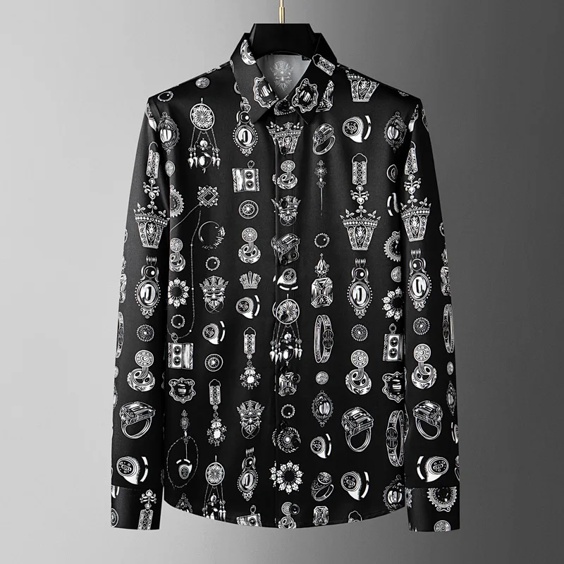 

2026 трендовая мужская рубашка с винтажным принтом и длинным рукавом, облегающие повседневные рубашки, роскошная уличная одежда для социальных банкетов и вечеринок, мужская одежда