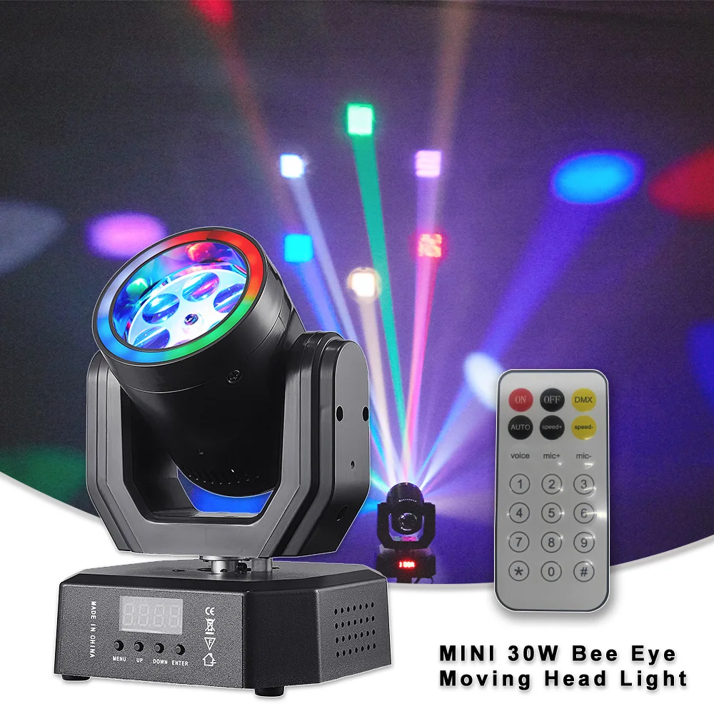 

MINI 30W R G B Full Color Moving Head Light Bee eye Effect With SMD RGB Ring Remote DMX Control For Home Party Ktv Room Dance