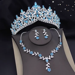 3 Pcs Baroque Bridal Wedding Crown Jewelry Sets and Tiaras Blue Green Pink Bride Necklace Earrings Set Girls Prom Accessory