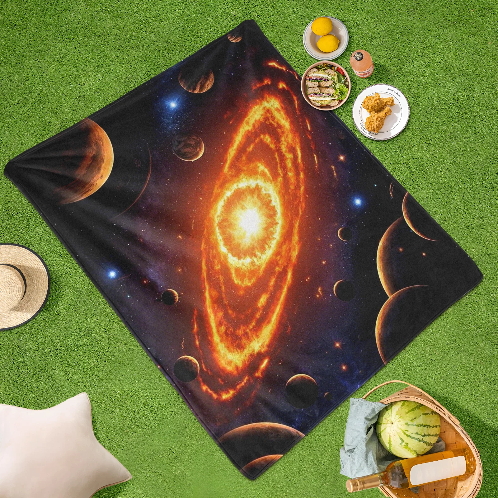 Galaxy And Orange Planet Sci Fi Themed Outdoor Blanket For Stargazing And Cosmic Adventures Under The Night Sky