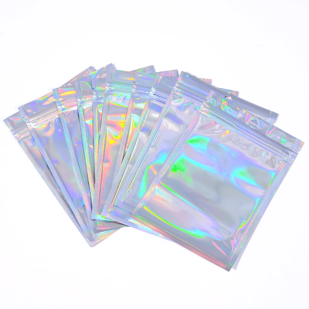 100 Stück Laser-Regenbogen-Polyethylen-Selbstverschlussbeutel, transparente Laser-Verpackungsbeutel für Schmuckzubehör und Einzelhandelsdisplays – Detail 6