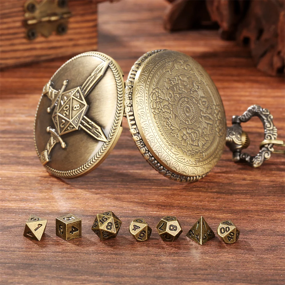 Vintage Bronze/Grey Black Double Swords Dice Full Hunter Pocket Watch Case Mini Dice Set Christmas Gift Box Set for Dice Lovers