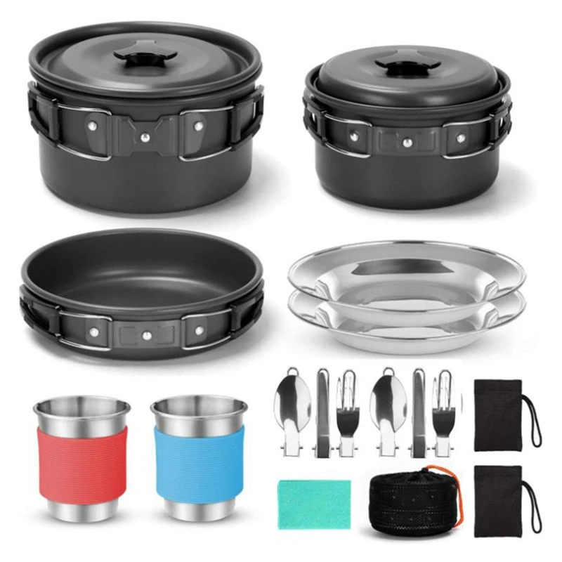 Camping Cookware Kit, Non-Stick Lightweight Pot Pan Kettle Set With Stainless Steel Cups Plates For Outdoor Cooking