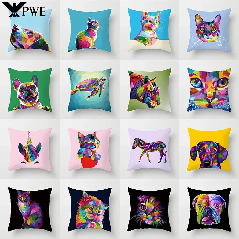 

Cartoon Color Drawing Abstract Animal Pattern Pillowcase Animal Cushion Living Room Sofa Car Art Deco Pillowcase 45*45cm