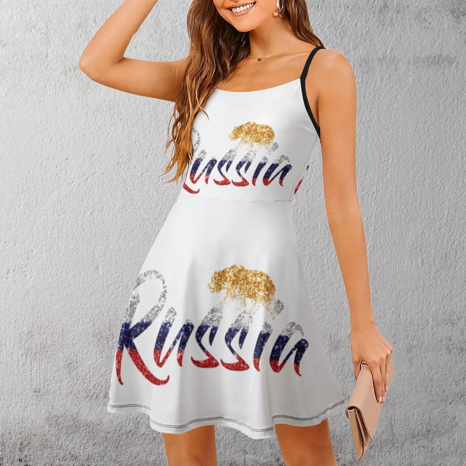 Russia Flag Calligraphy Golden Bear Cute Sexy Woman's Clothing Women's Sling Dress Humor Graphic  Parties Dresses