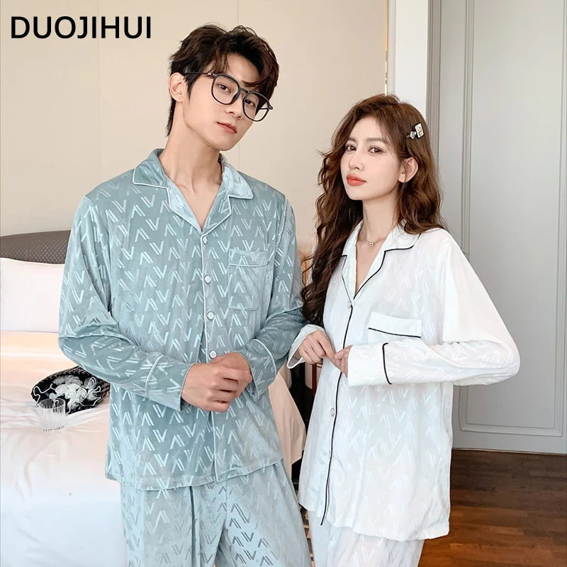 DUOJIHUI-Pijama informal de Color liso para mujer, ropa holgada con estampado de chica, Conjunto de pijama sencillo a la moda para pareja, novedad de otoño