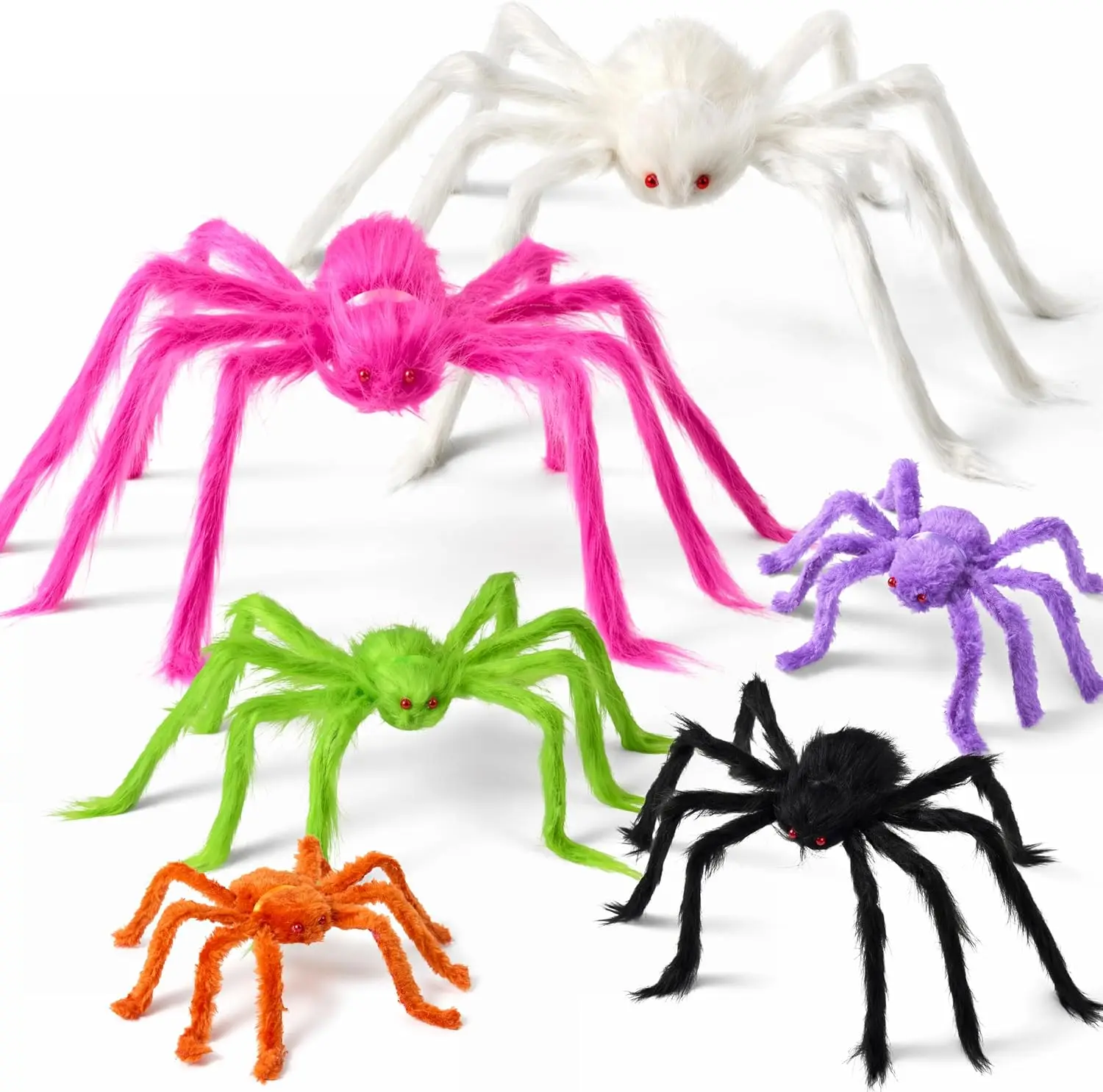 6 Packs Halloween Outdoor Decorations Colorful Giant Spiders Set, Halloween Decor Outside Multicolor Hairy Large Spider with Different Size for Lawn, Yard Decor (30", 30", 20", 20", 12", 12")