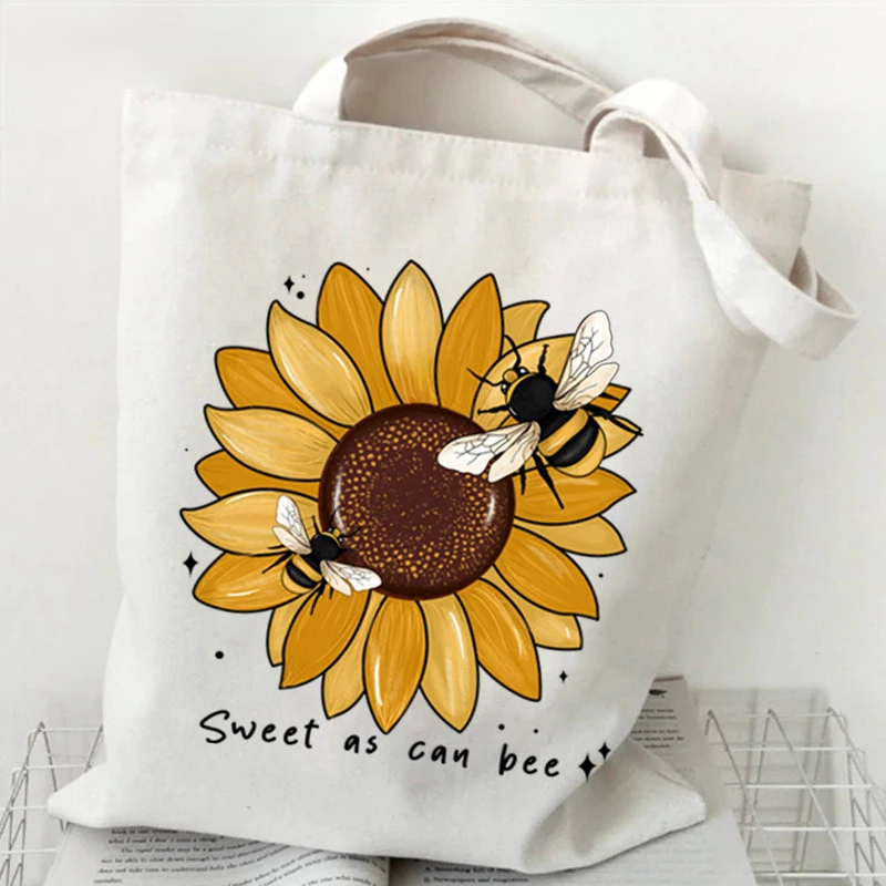 

Watercolor Floral Bee Canvas Tote Bag Eco-Friendly Shoulder Bag for Garden Fans Casual Use Grocery Shopping & Streetwear