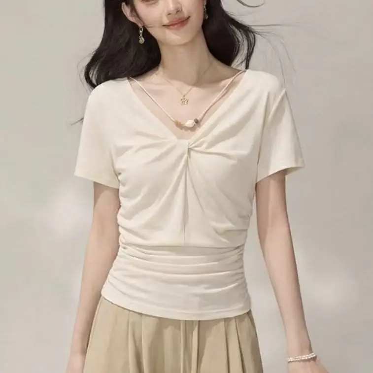 V-neck Twisted Short Sleeved T-shirt For Women Summer Pleated Waist Cinching Slim Fit And Slimming Top For Women