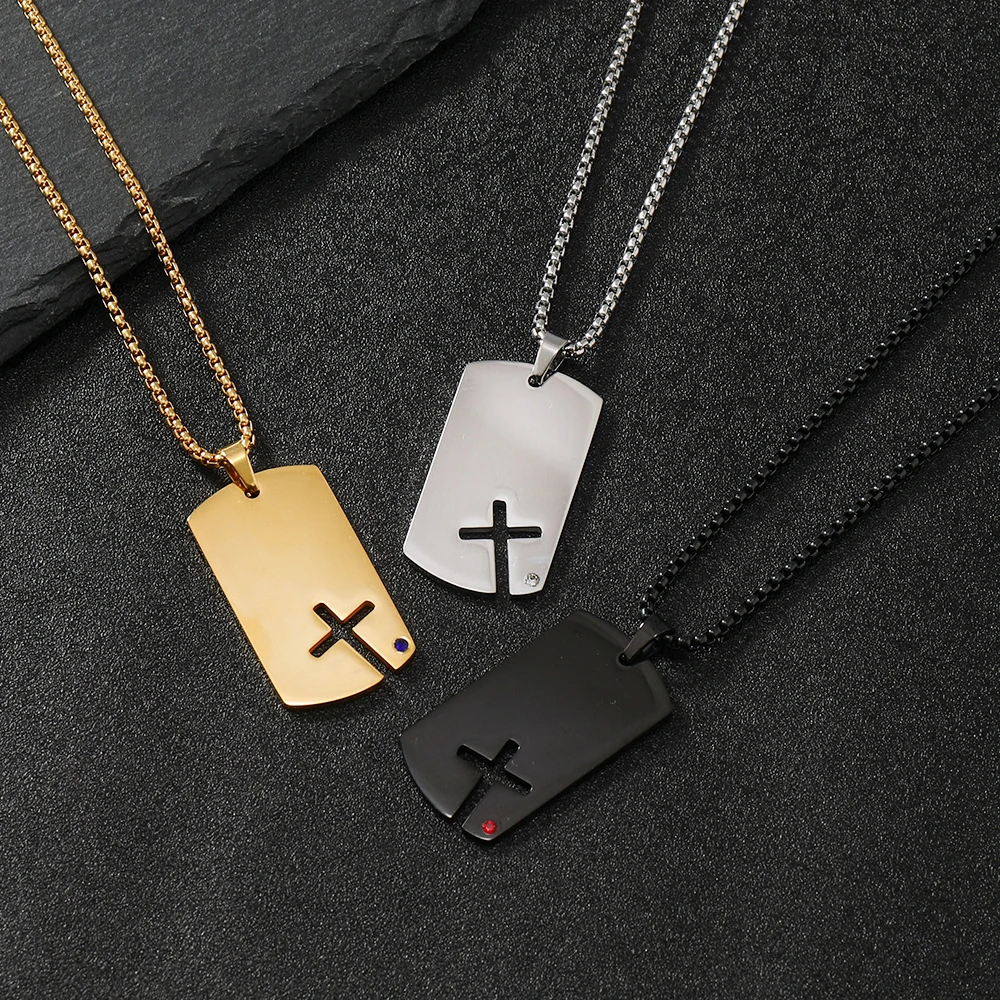 

Mens Sidecross Dog Tag Necklaces, Anti Allergy Stainless Steel Pendant Collar with Cubic Zirconia Chain 60cm