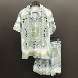 Men Hip Hop Beach Holiday Short Sleeve SuitLoose Short Sleeve Shirt Set Casual Vintage Geometric Patterns Printing Short Set