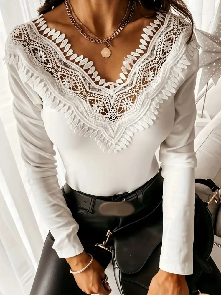 White Lace T Shirt For Women Casual V Neck Long Sleeve Pullover Hook Flower Hollow Tshirts Tops Lady Fashion Holiday Clothes New