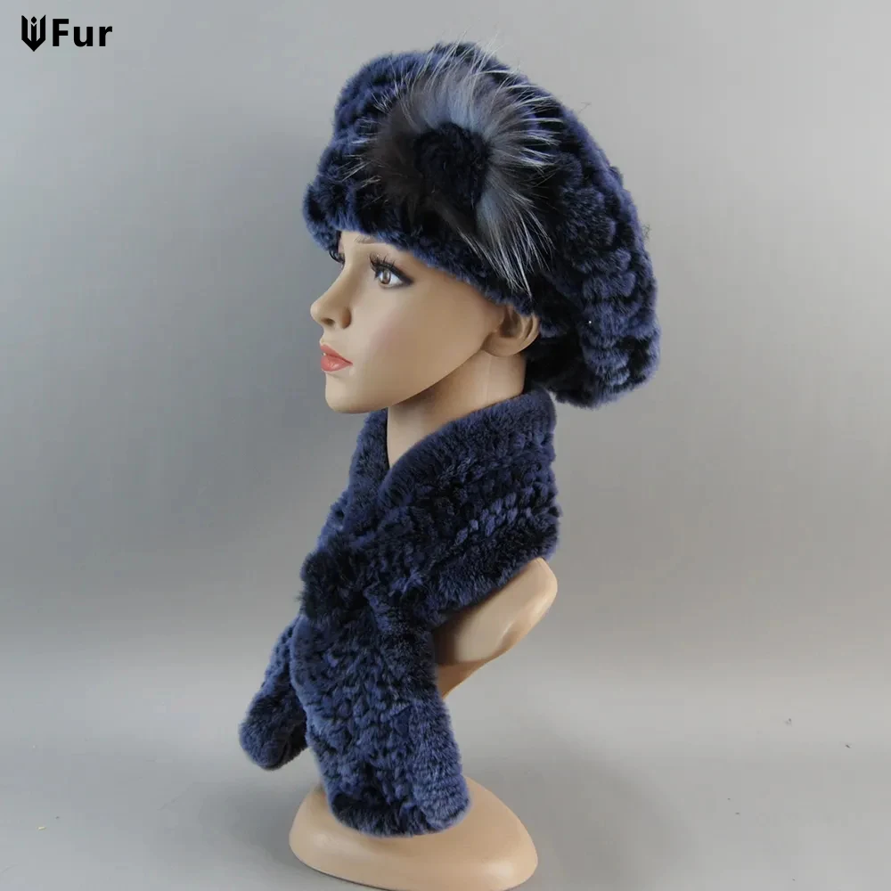 

New Winter Rex Rabbit Fur Hats Scarves Women Fashion 100% Genuine Knit Fur Caps Scarves Sets Lady Warm Real Fur Hat Muffler