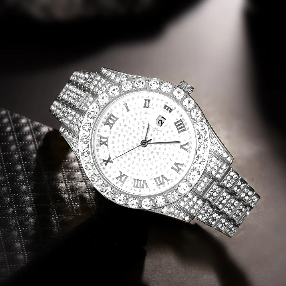 ساعة كوارتز فضية مرصعة بالألما - مراجعة Jewelry Watches Men وسعره