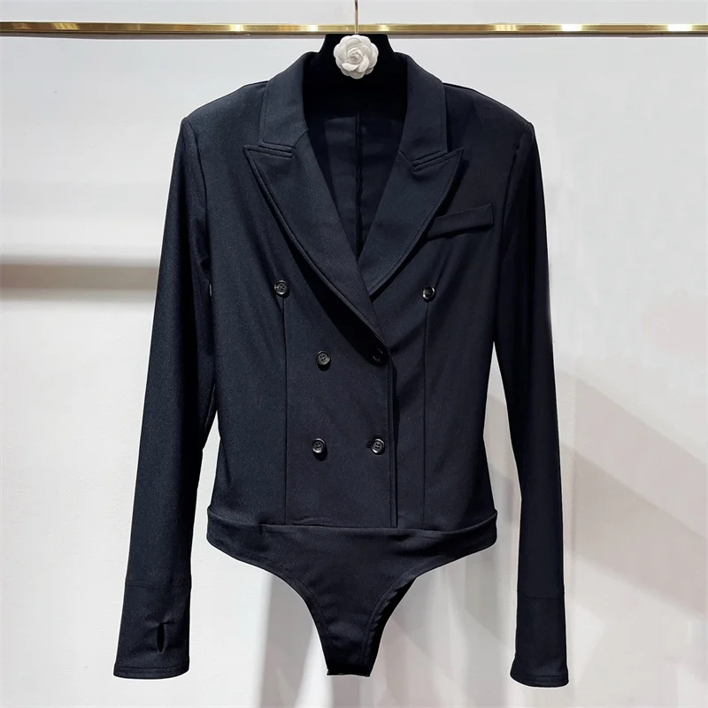 บอดี้สูทผู้หญิง ฤดูใบไม้ผลิ 2026 ใหม่ เสื้อแจ็คเก็ตผู้หญิง แขนยาว ปกแบบกระดุมสองแถว ทรงเข้ารูป ยืดหยุ่น เสื้อคลุมผู้หญิง เสื้อผู้หญิง