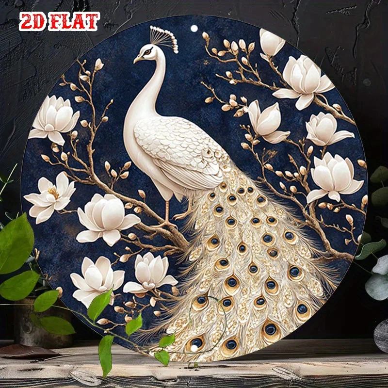 [2D Flat] Vintage White Peacock & Magnolia Flowers Round Metal Sign - 7.8