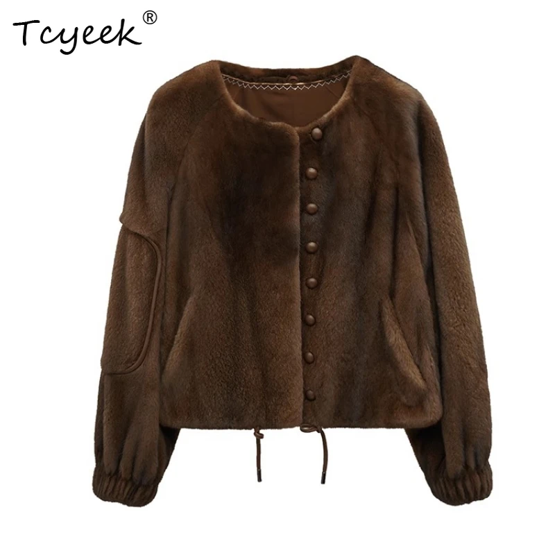 

Tcyeek Genuine Wool Autumn Winter High End Round Neck Korean Version Coffee Short Women's Wool Shearling Furcoat Fourrures Femme