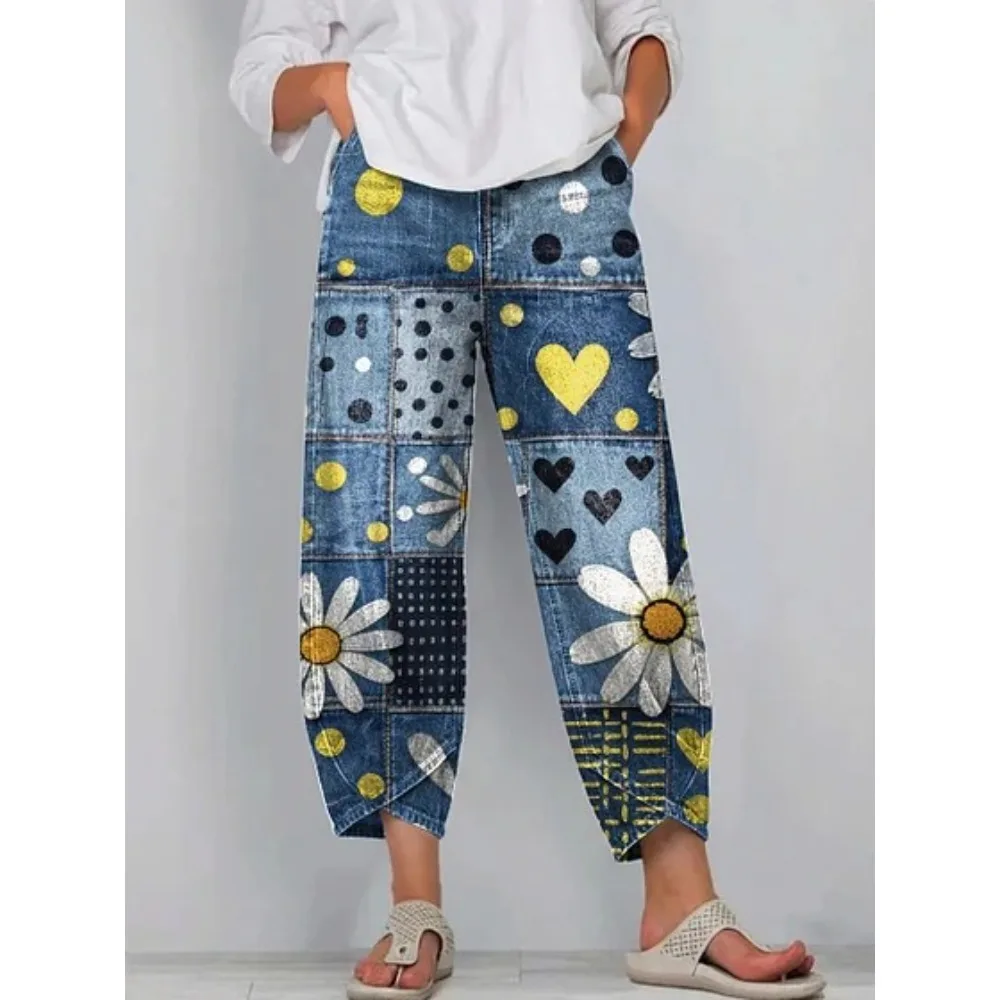Damen Baumwoll-Caprihose, locker geschnitten, lässig, Boho-Stil, weites Bein, knöchellang, Vintage, elastischer Bund, Sommer, Strandurlaub, Alltagskleidung – Detail 9