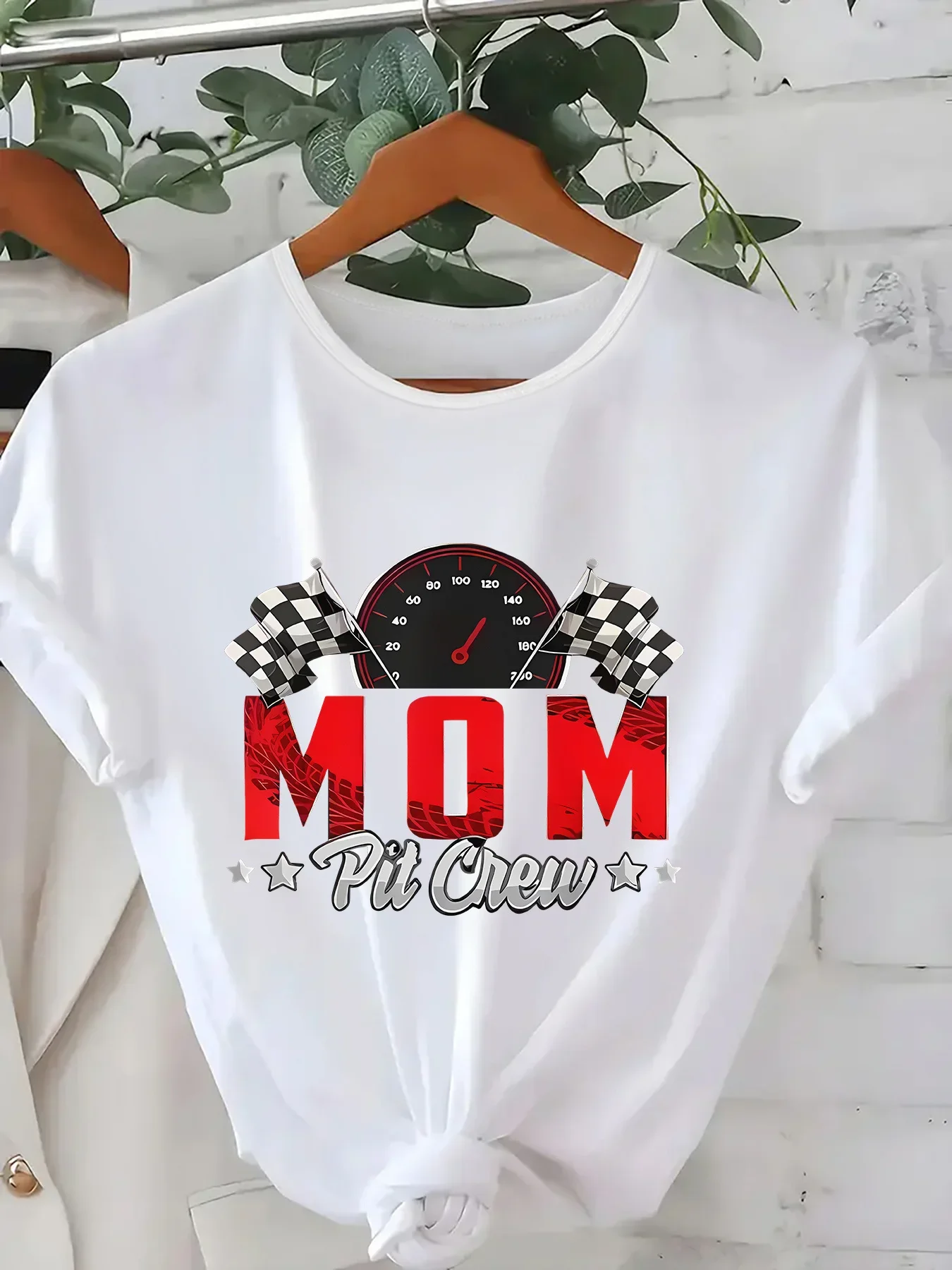 Mom Pit Crew Racing T Shirt Women Race Car Birthday Party Matching Family Short Sleeve Casual Crew Neck Speedometer Top Tee