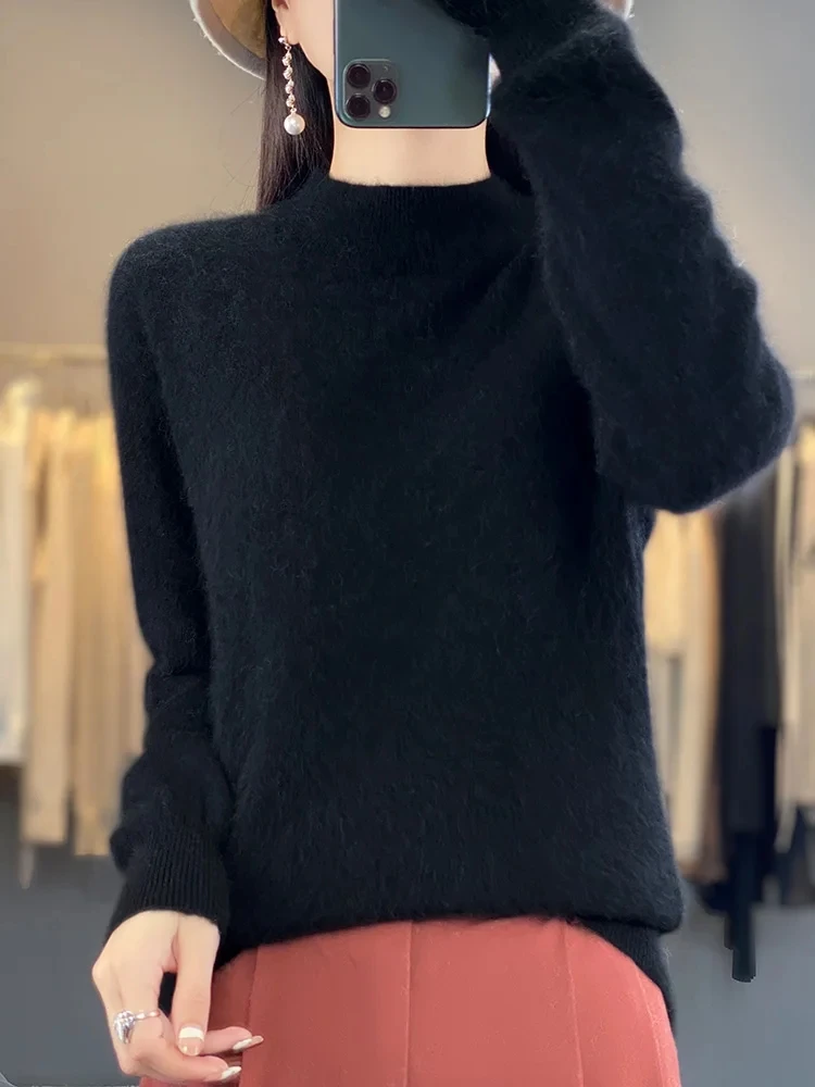 

Autumn Winter Solid Mock-neck Pullover Sweater For Women 100% Mink Cashmere Casual Cashmere Knitwear Female Clothing Basic Tops