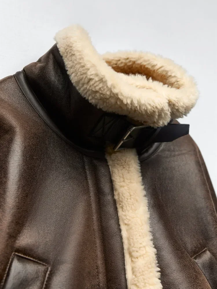 ZBZA Women Double Faced Biker Jacket New Faux Leather Warm Lambswool Thicken Jacket Tabbed Lapel Female Short Coat PU Outerwear