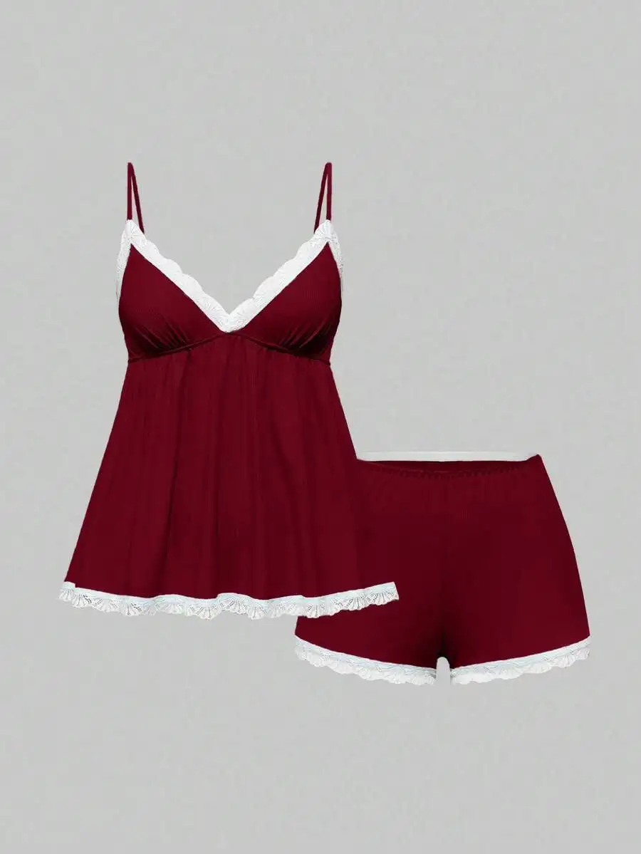 

Ribbed Lace Camisole And Shorts Pajama Set For Women