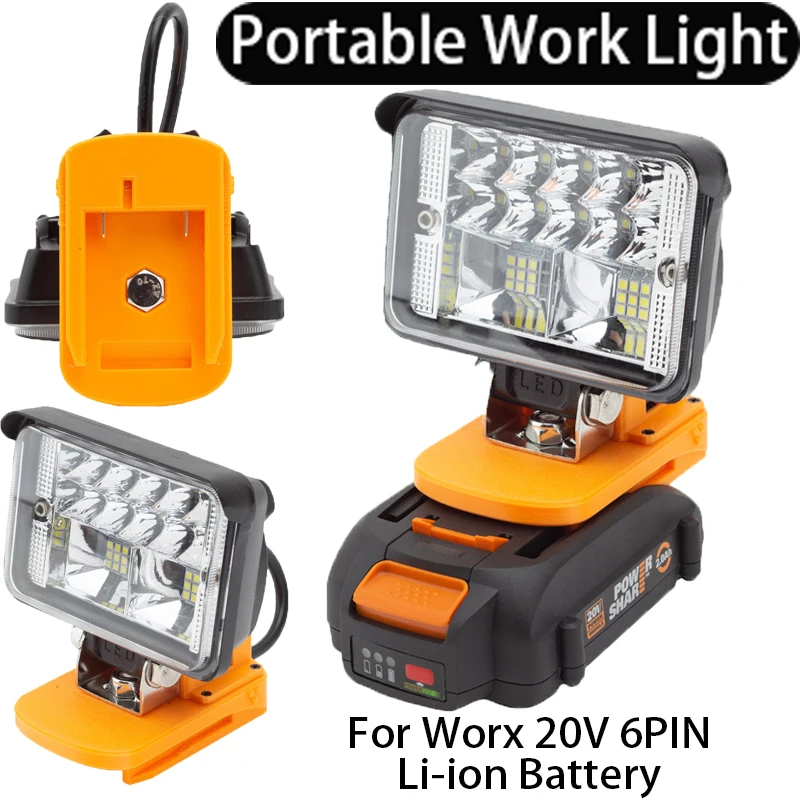 luz de trabalho para bateria li ion worx 20v 6pin luz led de cabeca unica com usb interface de carregamento rapido luz portatil 01