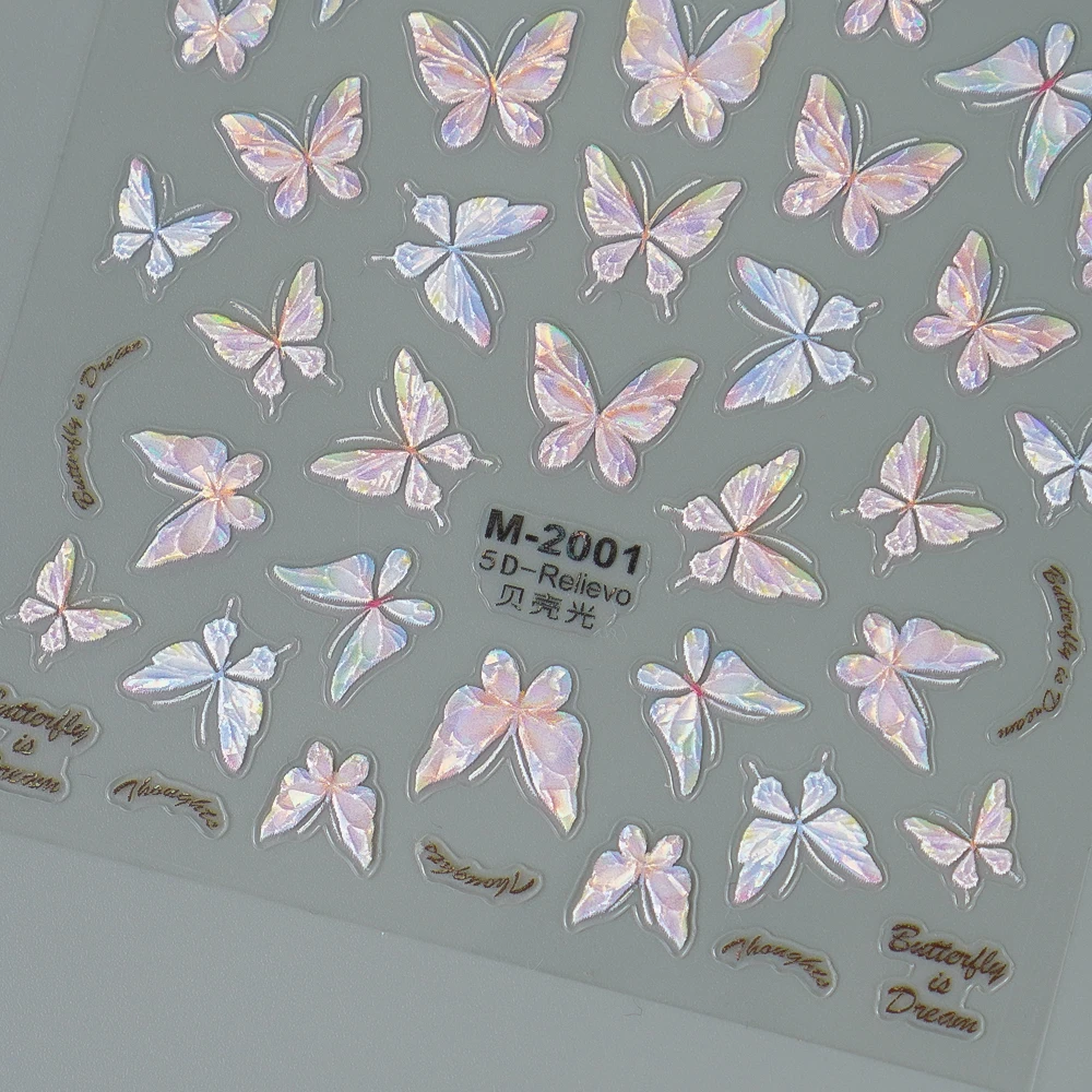 Calcomanías para uñas de mariposa con brillo de concha en relieve 5D, estilo Ins, calcomanías para uñas en relieve de ensueño para mujeres, decoración autoadhesiva para manicura DIY