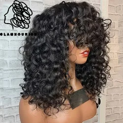 Pelucas de cabello humano con flequillo, pelo corto con corte Bob, 180% de densidad, rizado Jerry, resalte la miel, ONDA DE AGUA, negro Natural