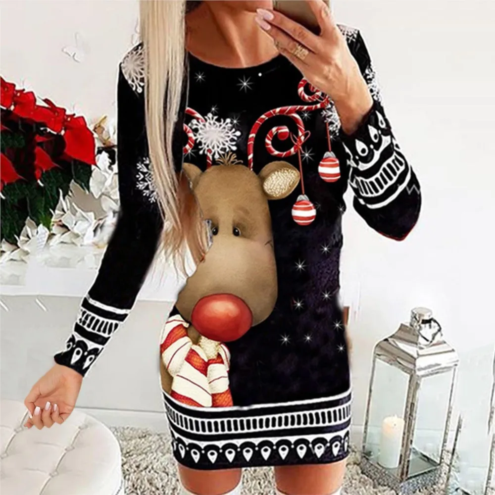 2024 frauen Langarm Rundhals Pullover Weihnachts Drucken Sexy Kleid Herbst Und Winter Neue Slim Fit Pullover T-shirt Kleid