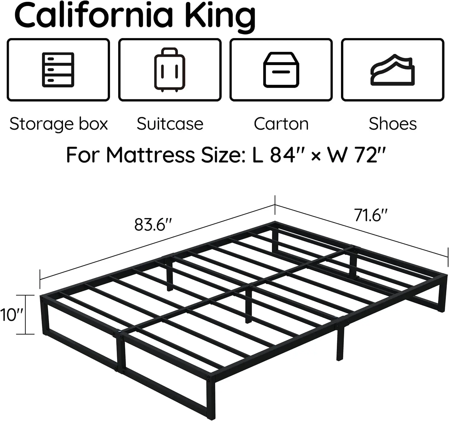 10 Inch Cal King Bed Frame Heavy Duty Metal Platform Mattress Foundation with Steel Slat Support, No Box Spring Needed,Easy Asse