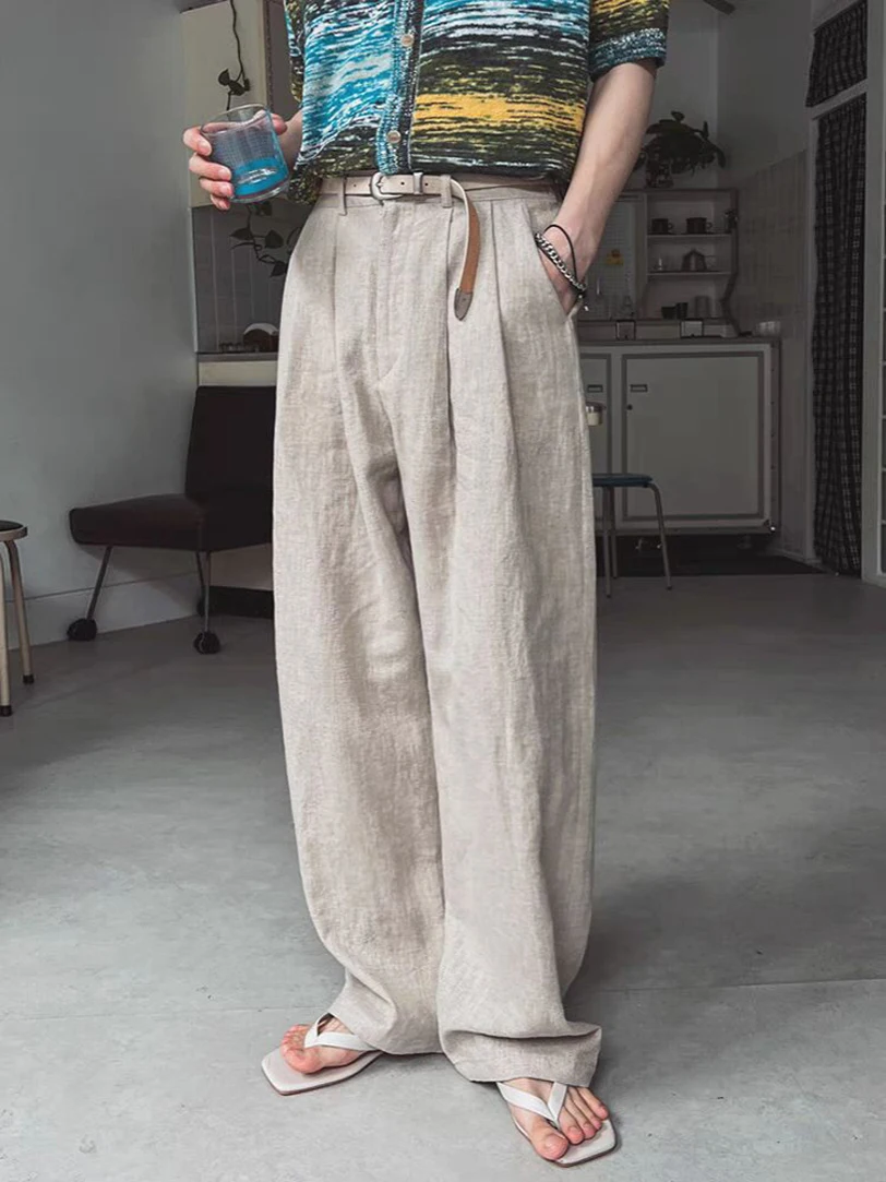 

Laid-ba Cotton Linen Men's Casual Pants Loose Straight Long Trousers American Retro Linen Breathable Workwear Western Pants