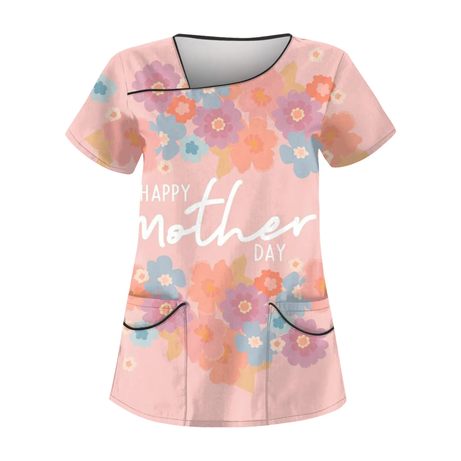 ملابس عمل واقية من جيوب مزدوجة للنساء ، توبات عناية بطباعة جرافيكية ، مقاس كبير ، كلاسيكي ، عيد الأم