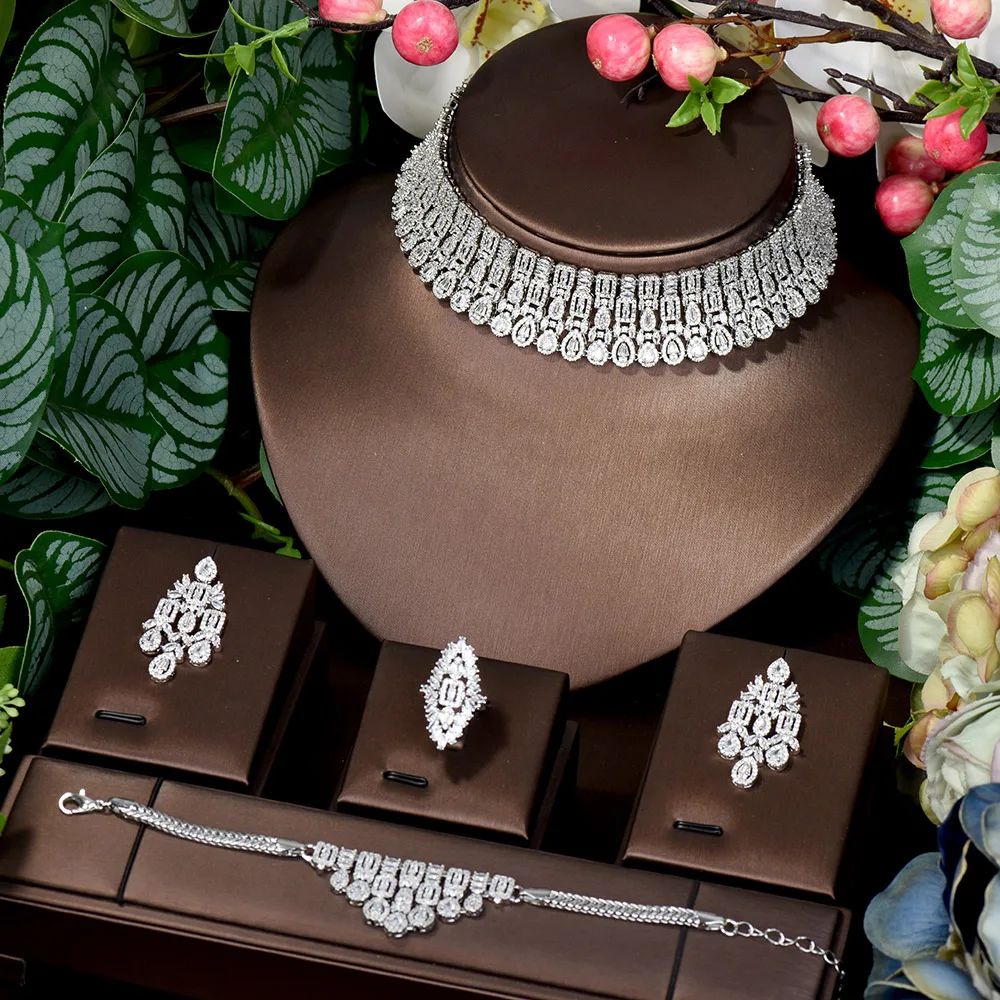 HIBRIDE Sparkling Water Drop Charms 4Pcs Statement Necklace Earring Bracelet Ring Set Luxury Nigerian Dubai Jewelry Sets  N-1629