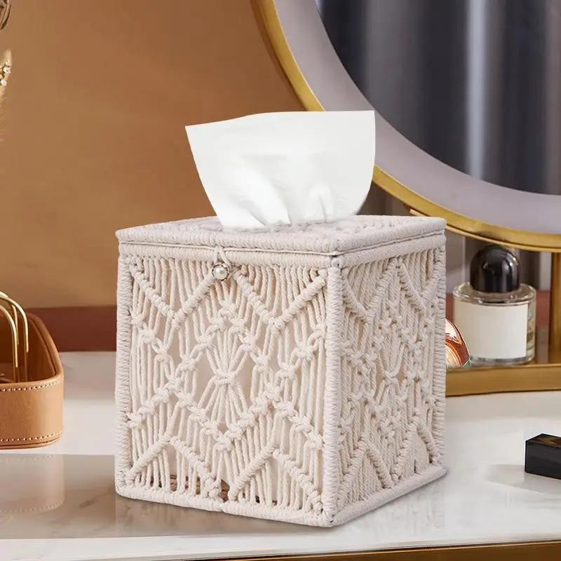 

Macrame Tissue Box Cover Bohemian Macrame Tissue Holder Woven Tissue Storage Bin for Napkin Facial Paper Cotton Rope Handmade